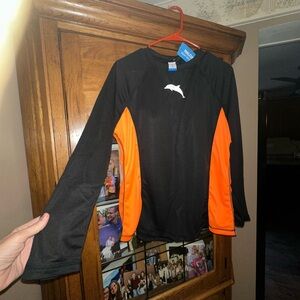 NEW NWT WOMENS LARGE Swim /Sun shirt. Dolphin. Built in bra - Black/Orange.